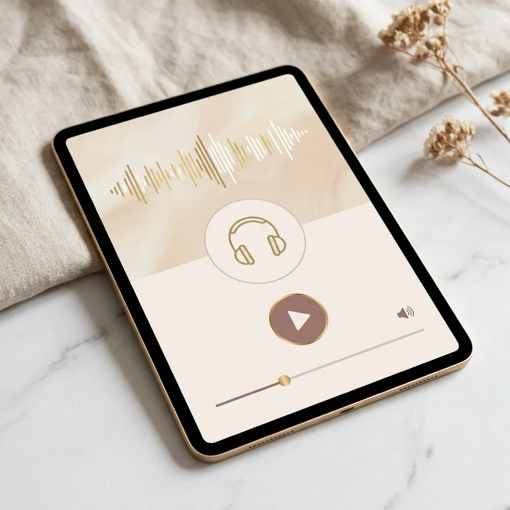 Tablet com player de áudio em tons dourados sobre mármore