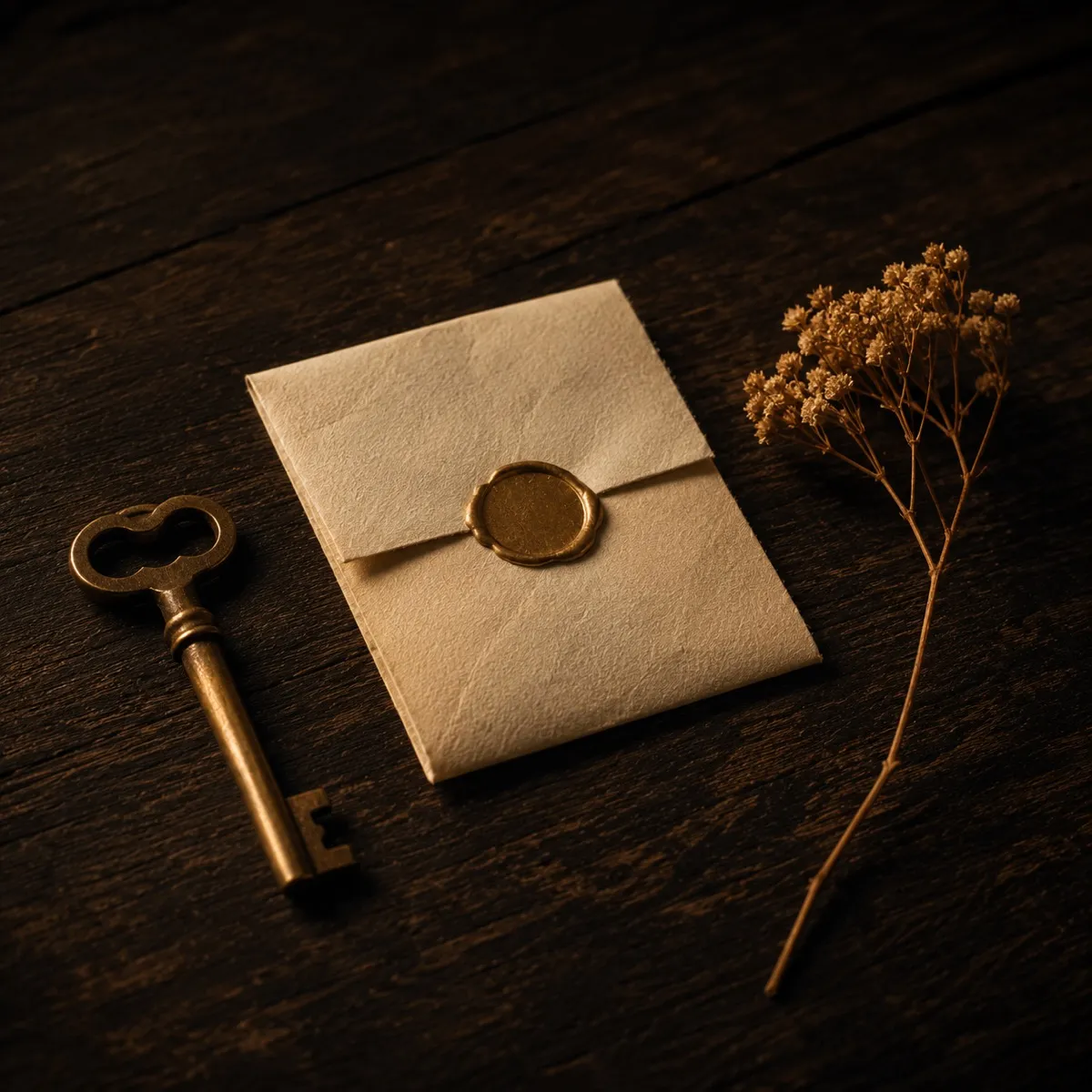 Envelope lacrado com selo de cera dourado ao lado de uma chave antiga sobre madeira escura